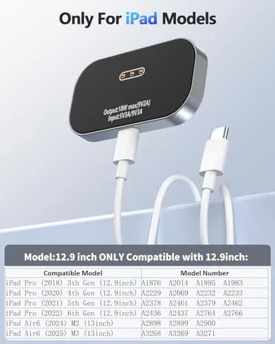 YACAISI Magnetic Wireless Charger for iPad Pro 12.9inch 3rd-6th Gen & iPad Air 13 M2/M3 | 18W Fast Charging thumbnail 2