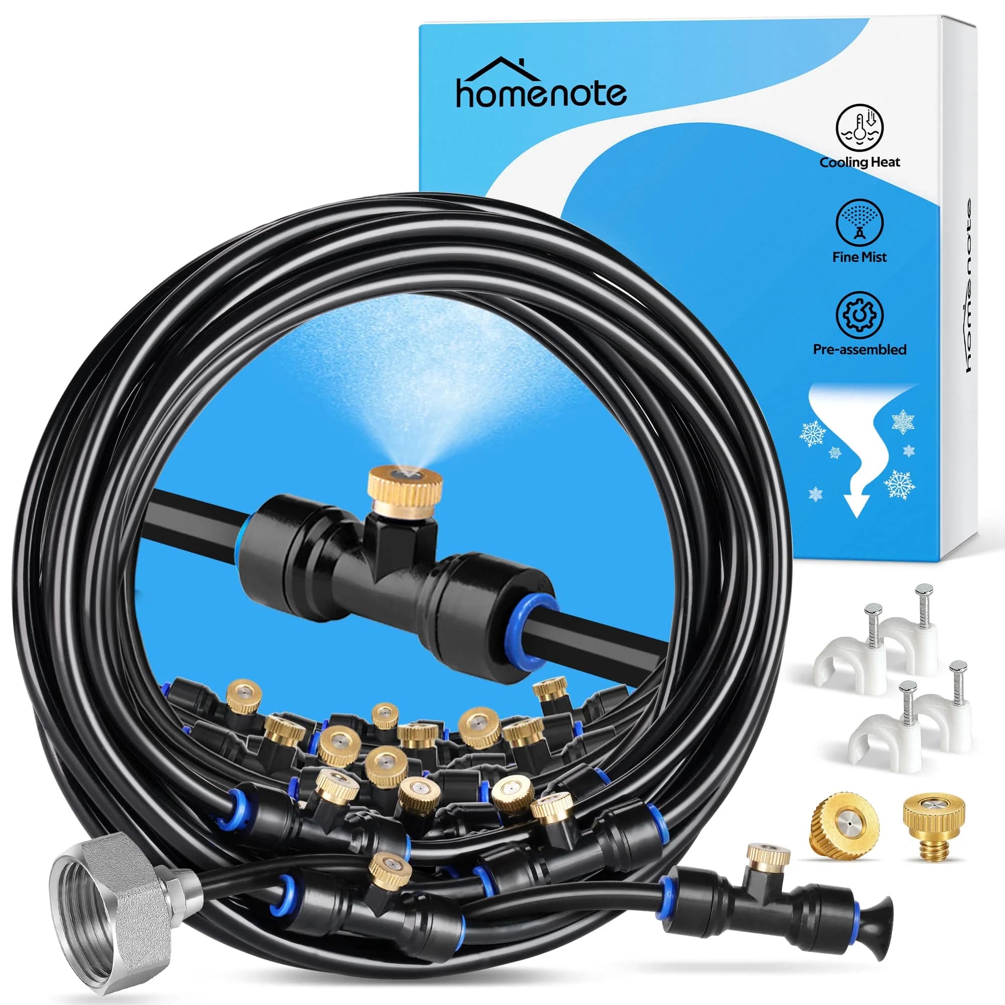 homenote Misting Cooling System 98FT (30M) Pre-Assembled Mister Kit with 27 Brass Nozzles & 3/4" Brass Adapter — Black