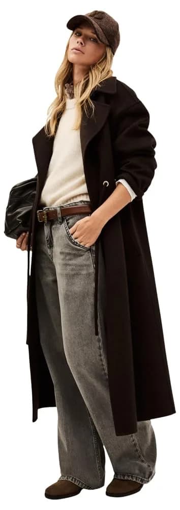 ba&sh Kate Coat, Chocolat, Size 3 | Long Wool Blend Coat with Tie Belt (70-120 chars) — Chocolat