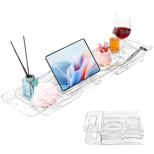 onannos Expandable Clear Acrylic Bathtub Tray Caddy | Foldable Tub Bath Shelf with Drain Slots, Slip-Resistant Waterproof Bathroom Accessory (20-32") thumbnail 1