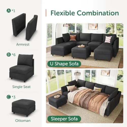 HONBAY Modular Sectional Sofa with Storage Linen Grey | Flexible, Expandable, Pet-Friendly (70-120 chars) thumbnail 4