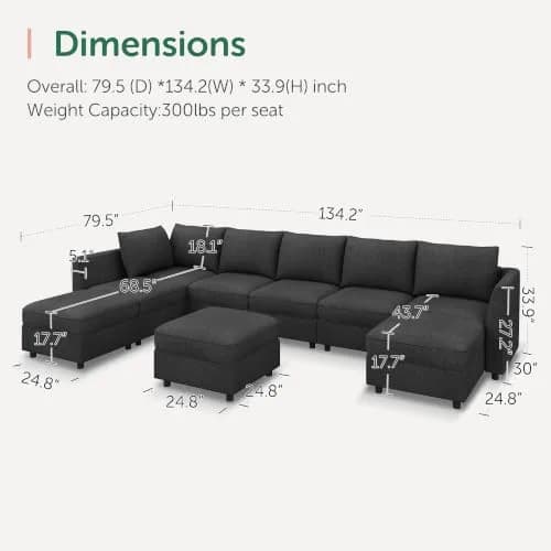 HONBAY Modular Sectional Sofa with Storage Linen Grey | Flexible, Expandable, Pet-Friendly (70-120 chars) thumbnail 7