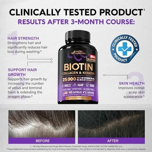 NUTRAHARMONY Biotin, Collagen, Hyaluronic Acid & Keratin Hair Growth Support 180 Capsules | Clinically Tested Formula thumbnail 4