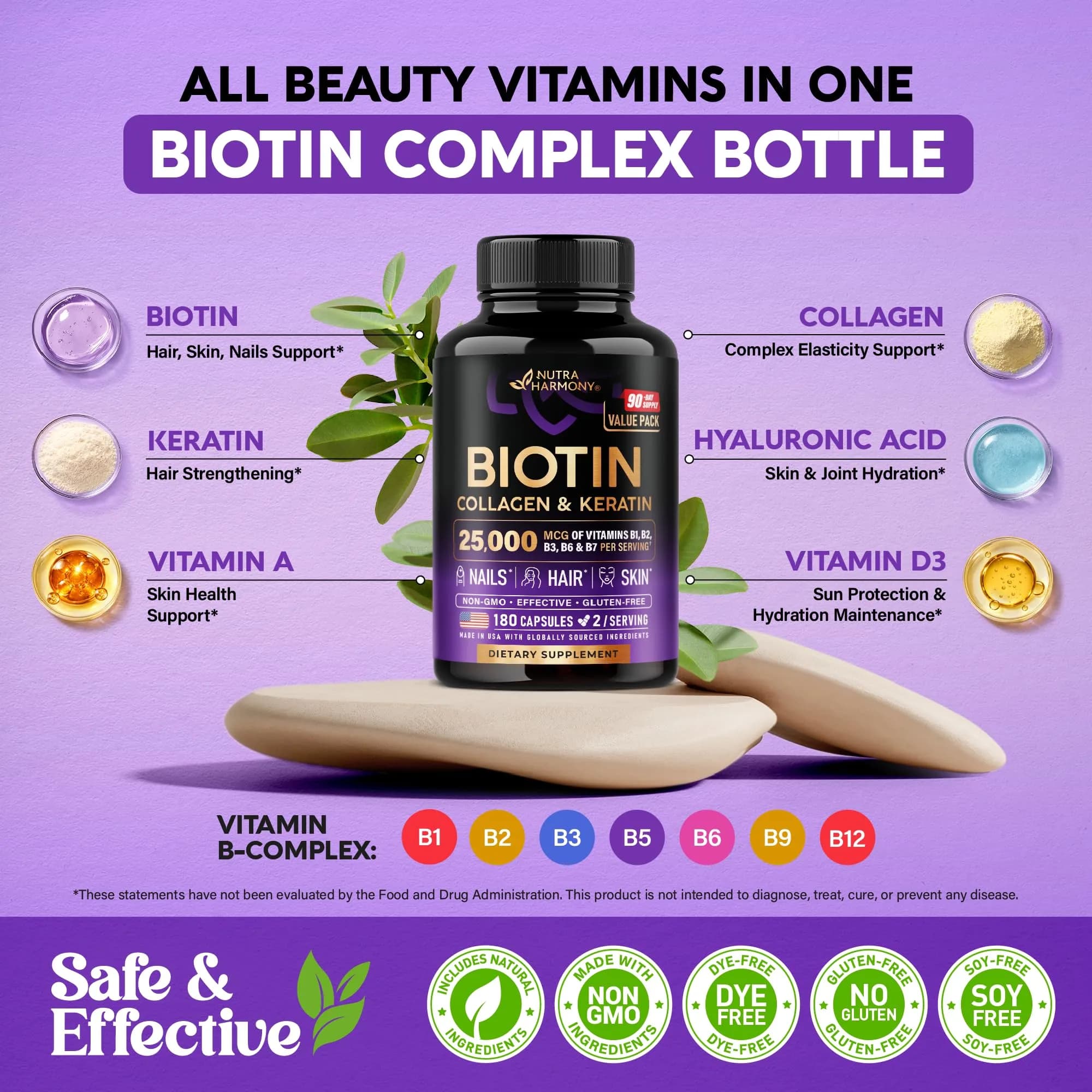 NUTRAHARMONY Biotin Collagen Keratin Supplement with Hyaluronic Acid & B Vitamins, 180 Capsules | Clinically Tested for Hair Growth & Nail Strength - view 3