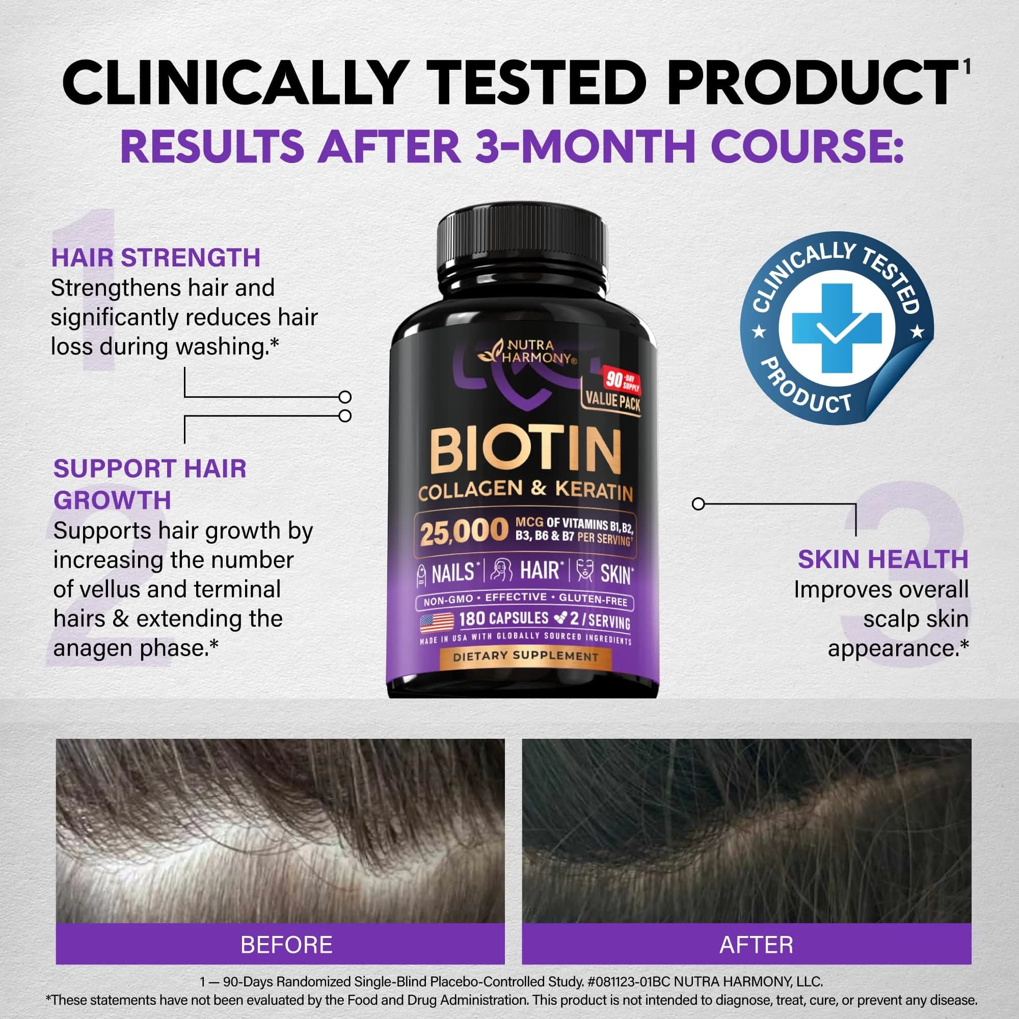 NUTRAHARMONY Biotin Collagen Keratin Supplement with Hyaluronic Acid & B Vitamins, 180 Capsules | Clinically Tested for Hair Growth & Nail Strength - view 4