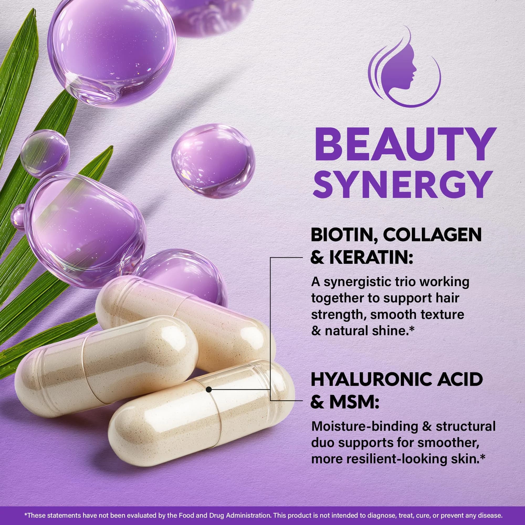 NUTRAHARMONY Biotin Collagen Keratin Supplement with Hyaluronic Acid & B Vitamins, 180 Capsules | Clinically Tested for Hair Growth & Nail Strength - view 6