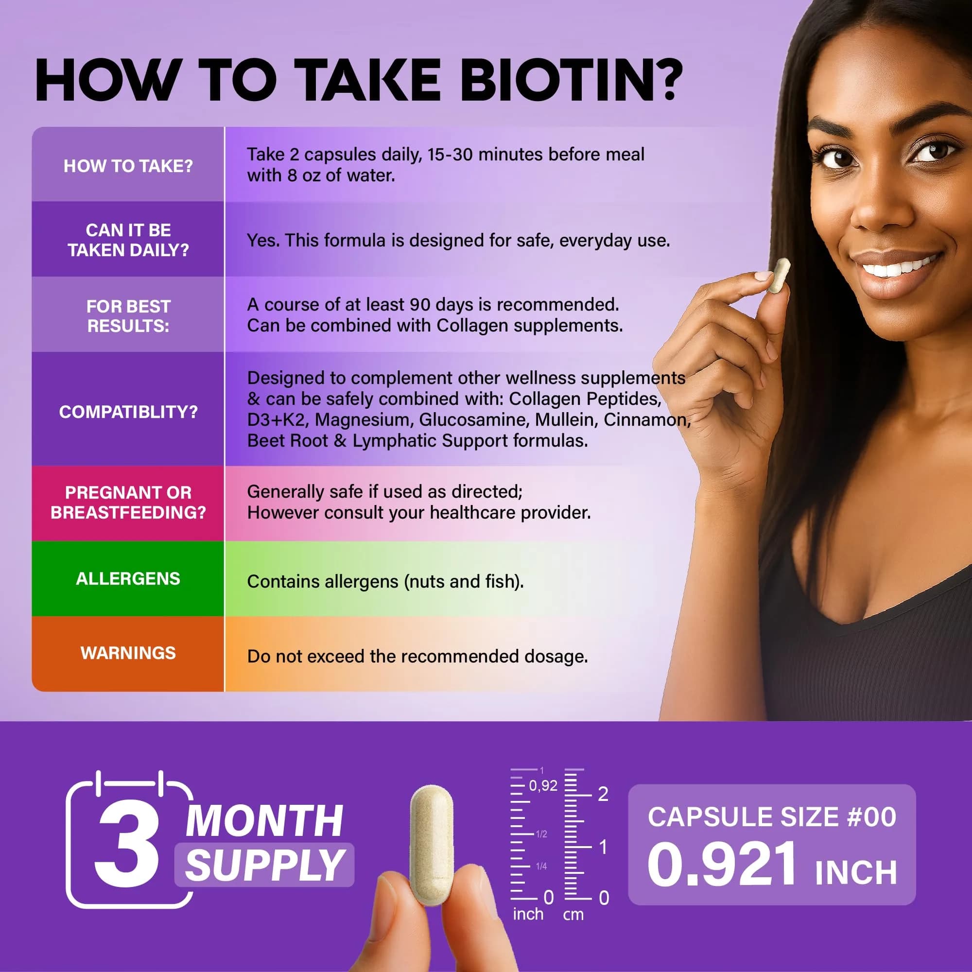 NUTRAHARMONY Biotin Collagen Keratin Supplement with Hyaluronic Acid & B Vitamins, 180 Capsules | Clinically Tested for Hair Growth & Nail Strength - view 7