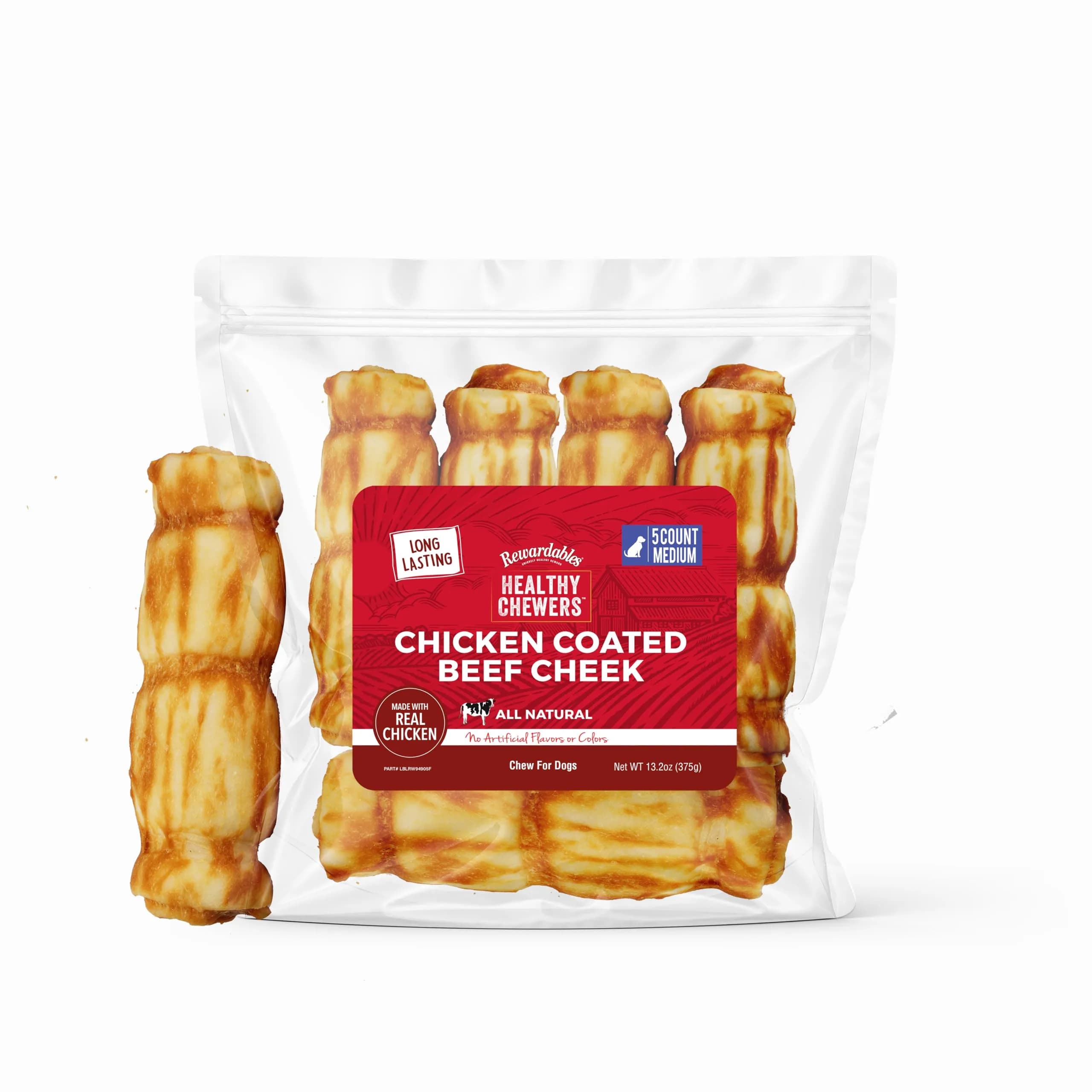 Rewardables Chicken Coated Beef Cheek Rolls for Dogs, 5 Inch, 5 Pack | Long Lasting, Supports Dental Health — Bone