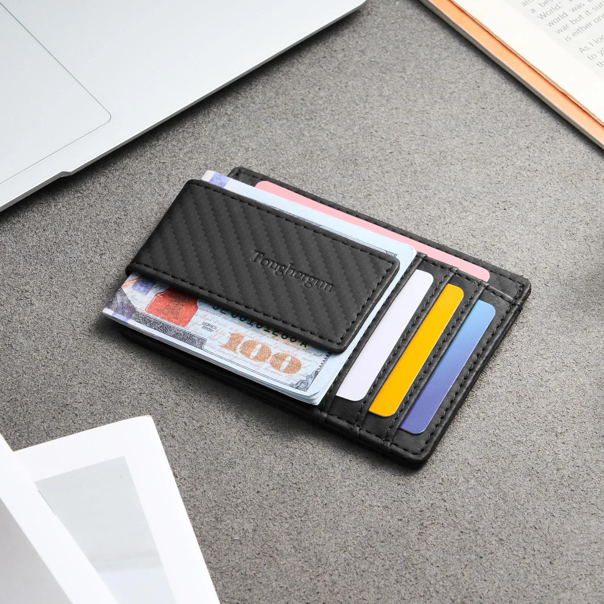 Toughergun Slim Wallet for Men RFID Blocking Money Clip, Minimalist Front Pocket Credit Card Holder, Magnetic Thin Mens Wallets with ID Window (Matte Black Weave) - view 3