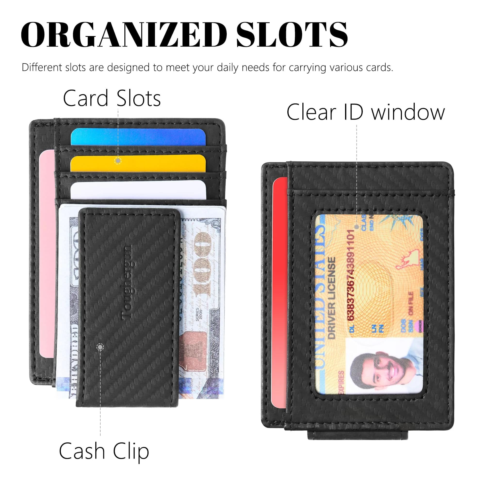 Toughergun Slim Wallet for Men RFID Blocking Money Clip, Minimalist Front Pocket Credit Card Holder, Magnetic Thin Mens Wallets with ID Window (Matte Black Weave) - view 4