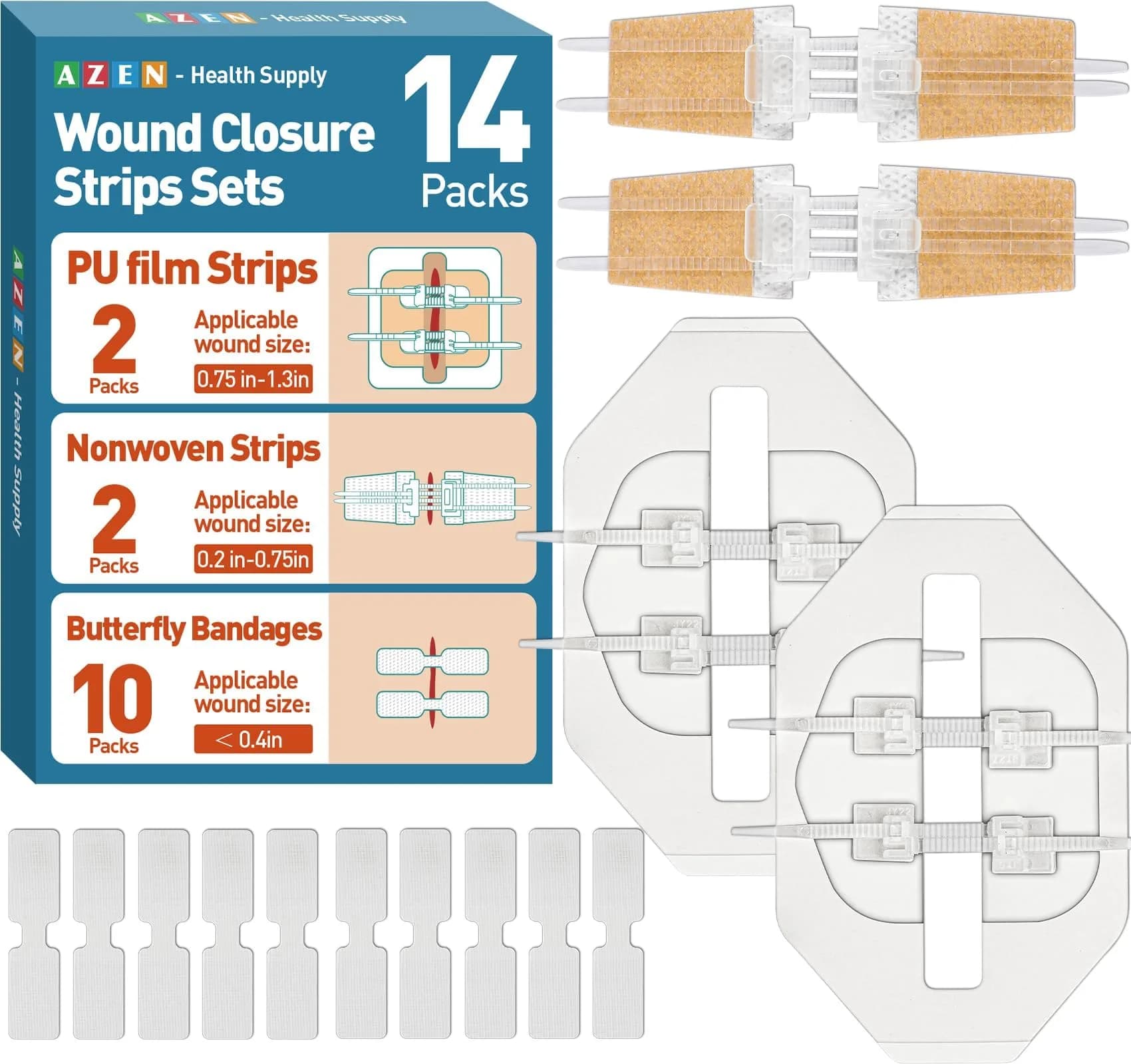 AZEN Emergency Wound Closure Strips 14 Pack (14 Count) | Hypoallergenic Butterfly Bandages for Laceration Repair Without Stitches — 14P (Mix)