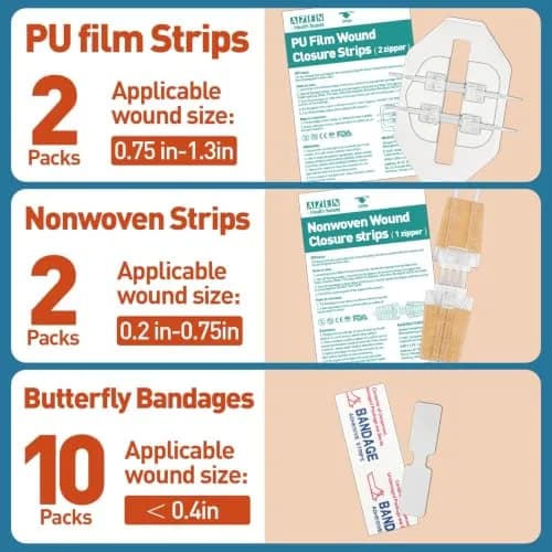 AZEN Emergency Wound Closure Strips 14 Pack (14 Count) | Hypoallergenic Butterfly Bandages for Laceration Repair Without Stitches thumbnail 2