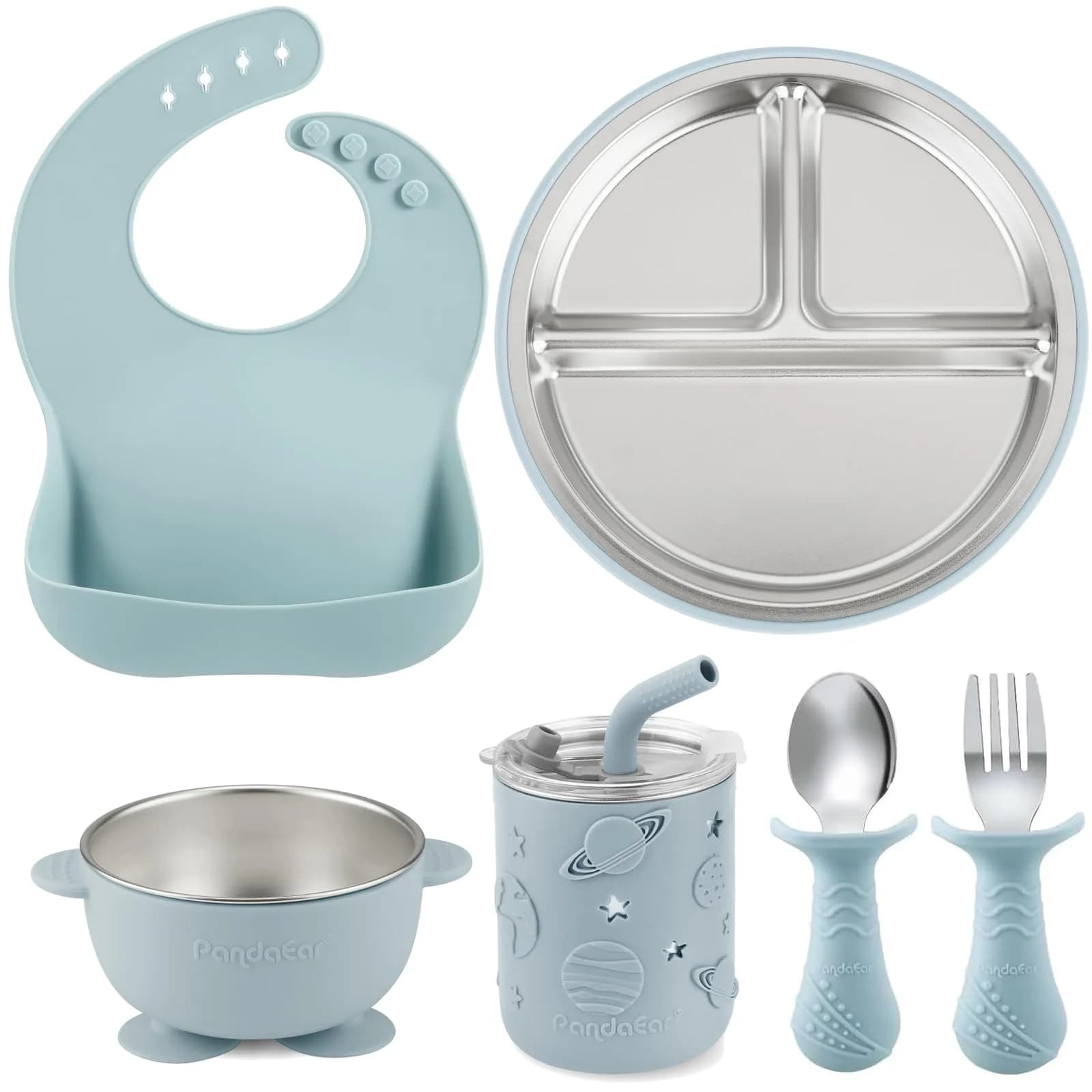 PandaEar 6-in-1 Stainless Steel Baby Feeding Set with Sippy Cup, Bib, Spoon & Fork | Blue, 6 Pieces — Blue