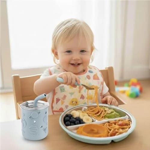 PandaEar 6-in-1 Stainless Steel Baby Feeding Set with Sippy Cup, Bib, Spoon & Fork | Blue, 6 Pieces thumbnail 2