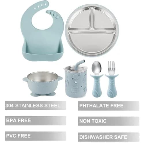 PandaEar 6-in-1 Stainless Steel Baby Feeding Set with Sippy Cup, Bib, Spoon & Fork | Blue, 6 Pieces thumbnail 3