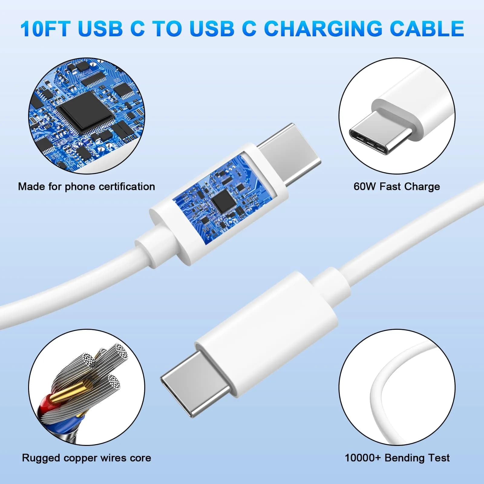 DESOFICON USB C to USB C Charging Cable 2 Pack 10ft (3.05m) | 60W PD Fast Charging Cord - view 3