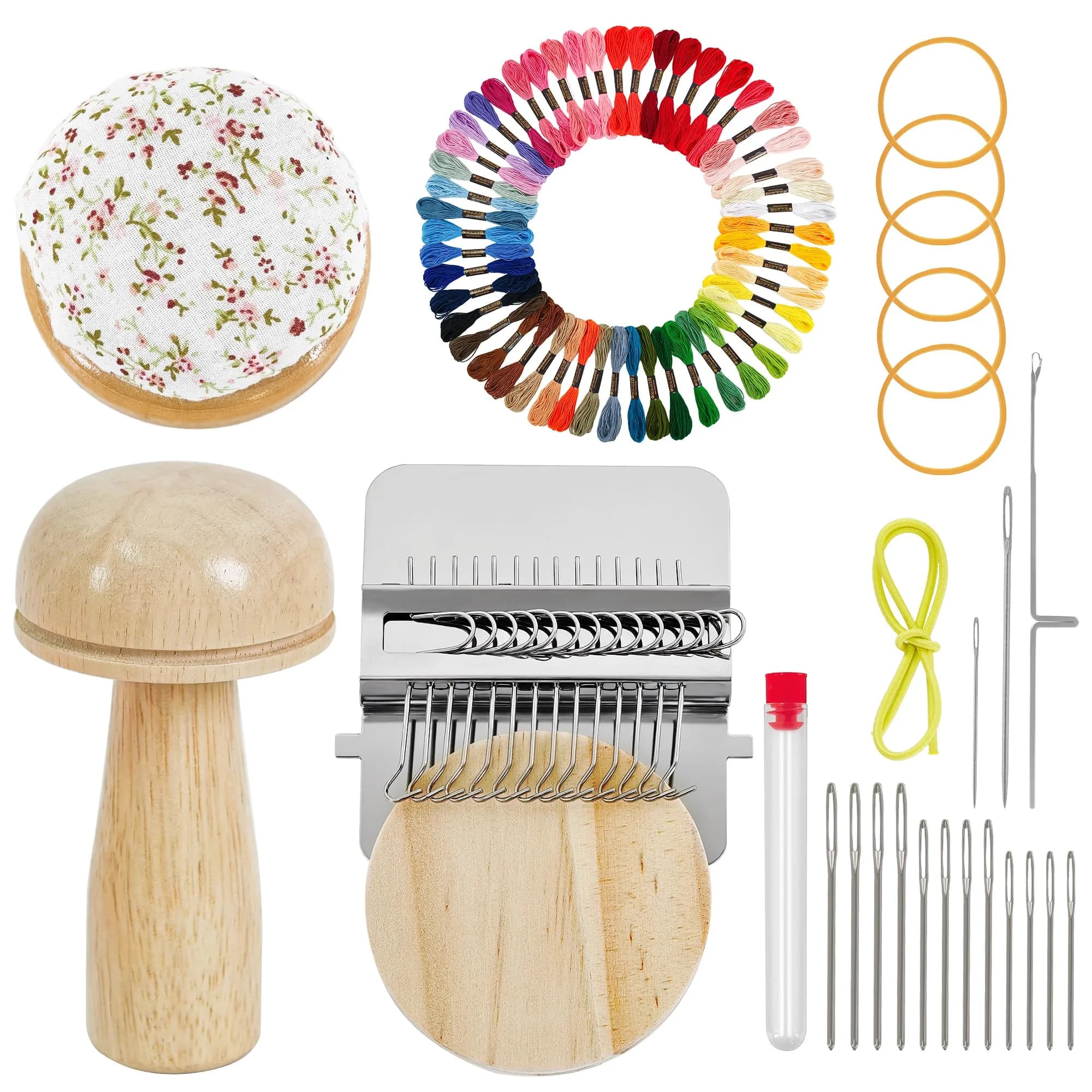 Yiranok Mini Darning Loom Kit with 14 Hooks & 50 Colors | All-in-One Weaving Repair Tool — Mushroom-14 Hook