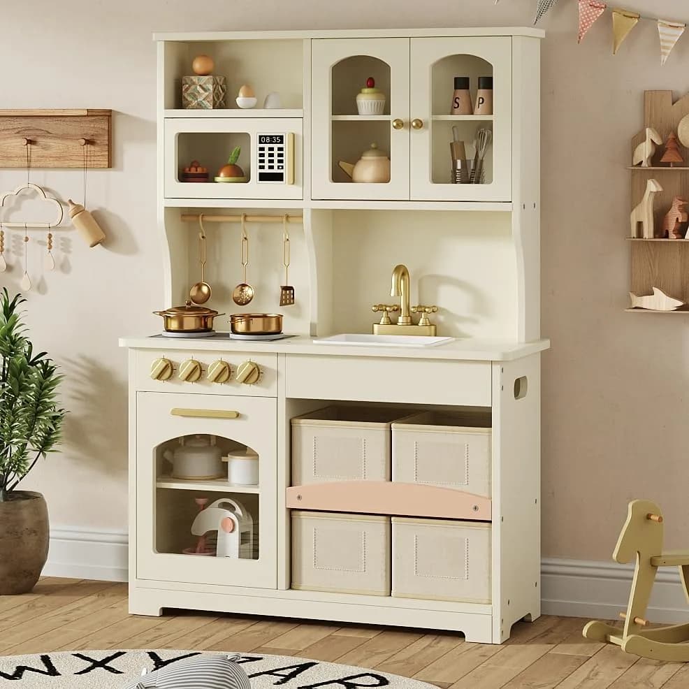 knoworld Wooden Play Kitchen for Kids – Smart Storage with Cabinets & Bins, Modern Toddler Kitchen Playset with Stove, Sink & Accessories, Gift for Ages 3+, White | Realistic, Durable, Safe thumbnail 1