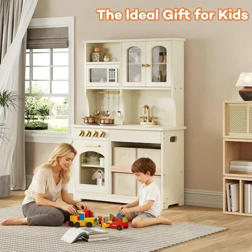 knoworld Wooden Play Kitchen for Kids – Smart Storage with Cabinets & Bins, Modern Toddler Kitchen Playset with Stove, Sink & Accessories, Gift for Ages 3+, White | Realistic, Durable, Safe thumbnail 9