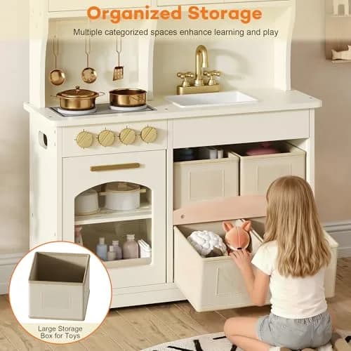 knoworld Wooden Play Kitchen for Kids – Smart Storage with Cabinets & Bins, Modern Toddler Kitchen Playset with Stove, Sink & Accessories, Gift for Ages 3+, White | Realistic, Durable, Safe thumbnail 4