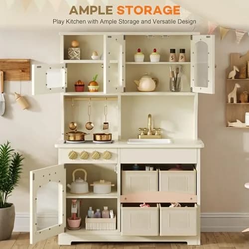 knoworld Wooden Play Kitchen for Kids – Smart Storage with Cabinets & Bins, Modern Toddler Kitchen Playset with Stove, Sink & Accessories, Gift for Ages 3+, White | Realistic, Durable, Safe thumbnail 5