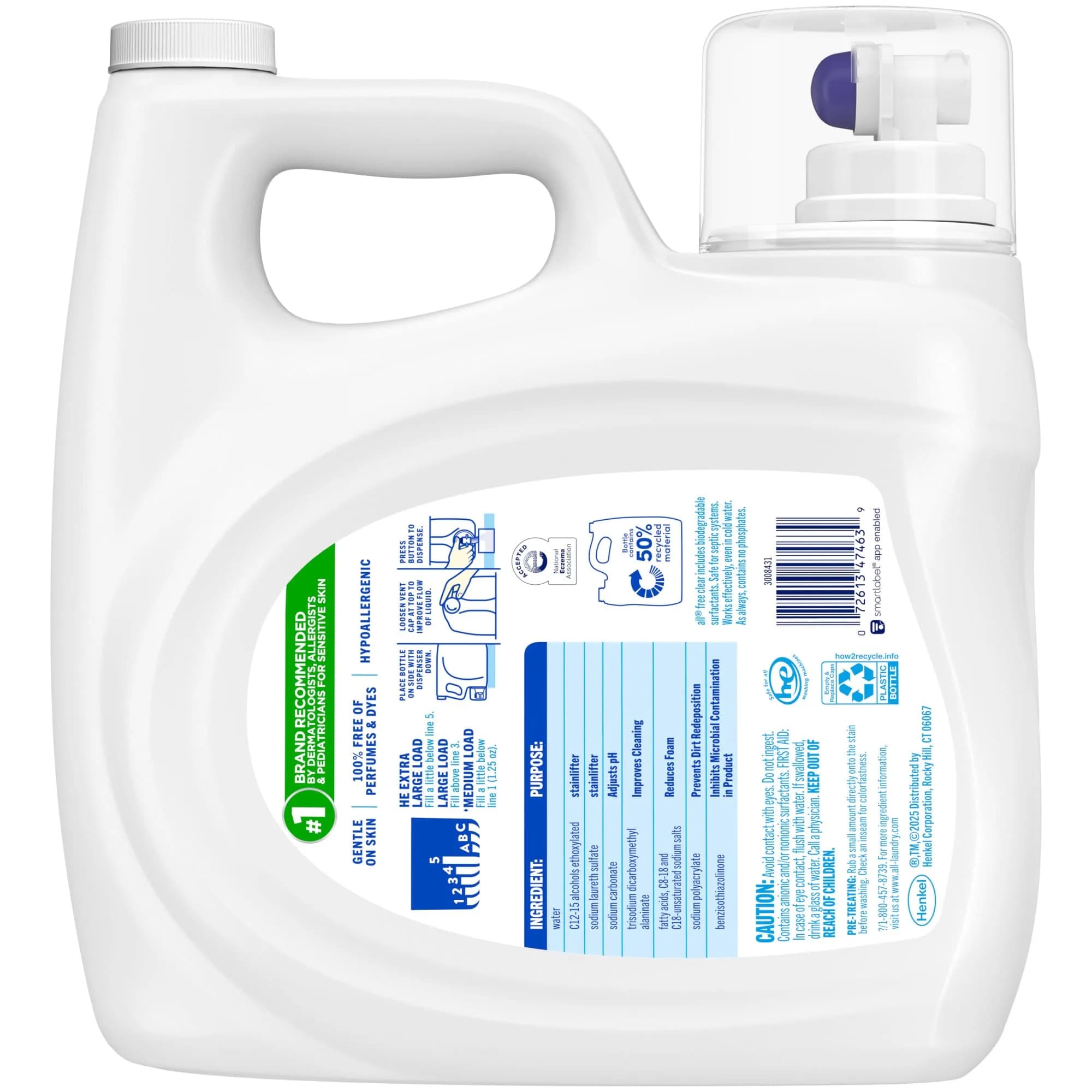 all Liquid Laundry Detergent Free Clear, Unscented, 3.5 L (118 Fl Oz) | Dermatologist Recommended for Sensitive Skin - view 6