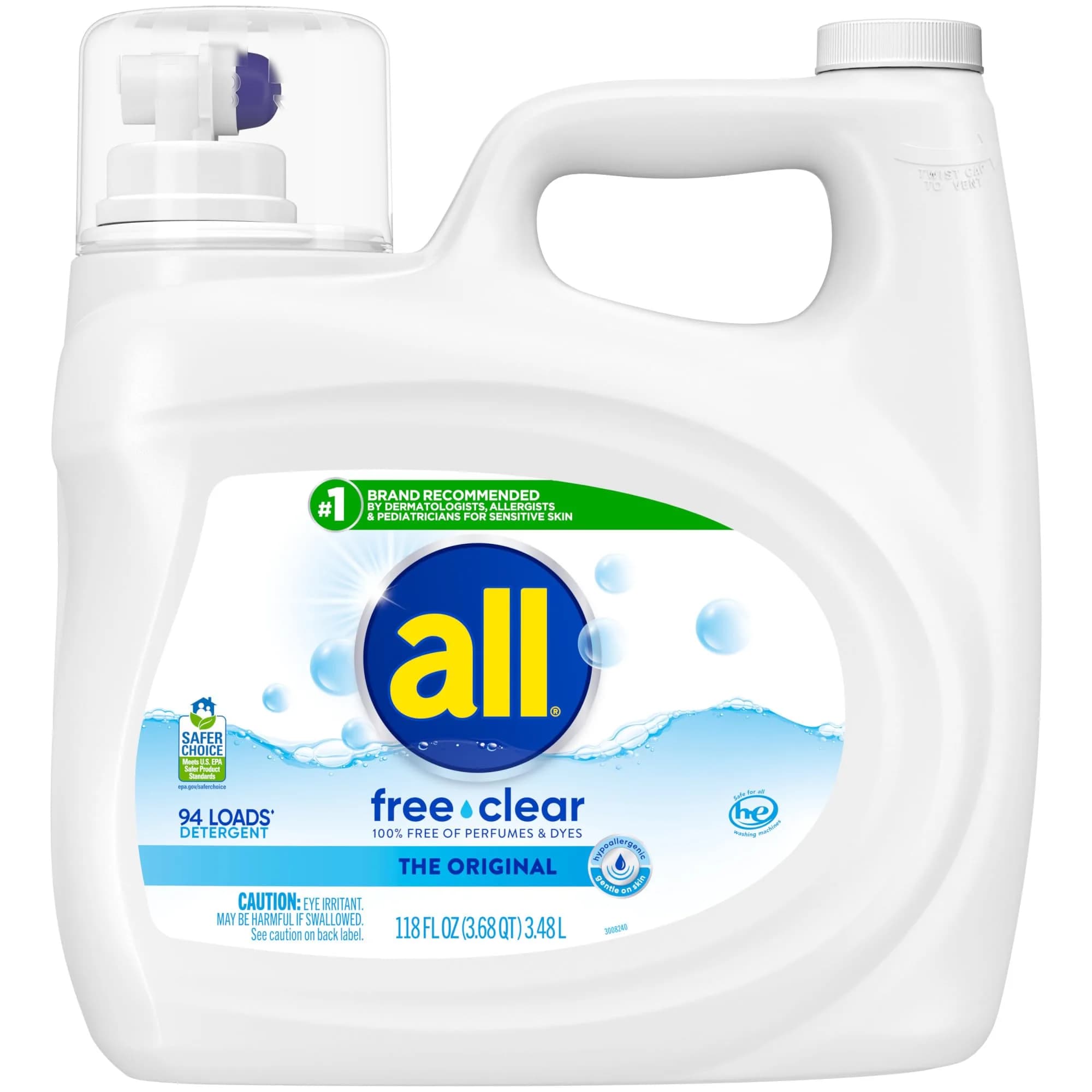 all Liquid Laundry Detergent Free Clear, Unscented, 3.5 L (118 Fl Oz) | Dermatologist Recommended for Sensitive Skin - main product image