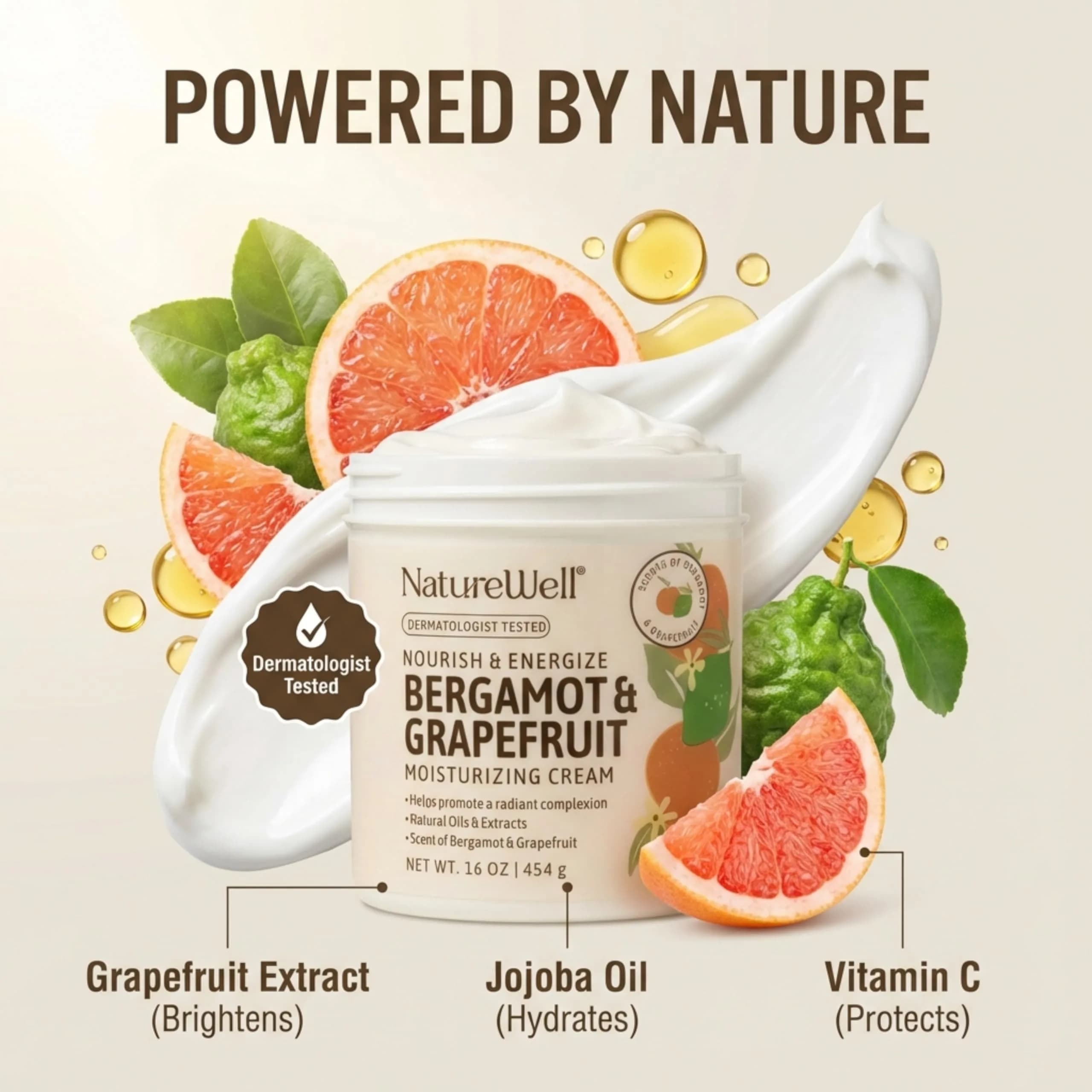 NATURE WELL Bergamot & Grapefruit Body Cream 16 Oz | Energizing Moisturizer for Dry Skin - view 3