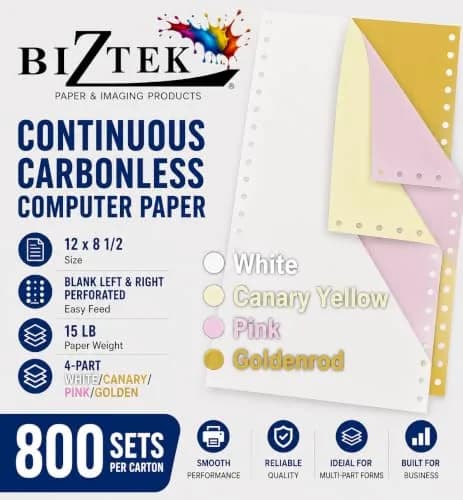 BIZTEK Continuous Carbonless Computer Paper 12 x 8 1/2 | 4-Part White/Canary/Pink/Golden, 15 lb, 800 Sheets thumbnail 2