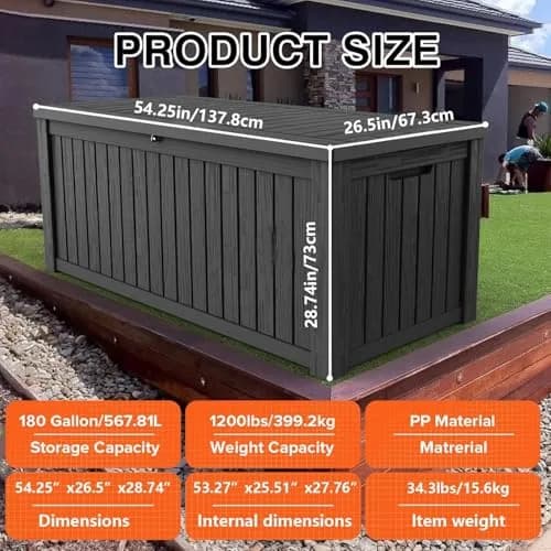 Yardgrace 180 Gallon Deck Box Organizer with Lockable Lid, Black – Large Resin Outdoor Storage and Seating (70-120c) thumbnail 6