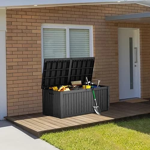 Yardgrace 180 Gallon Deck Box Organizer with Lockable Lid, Black – Large Resin Outdoor Storage and Seating (70-120c) thumbnail 2