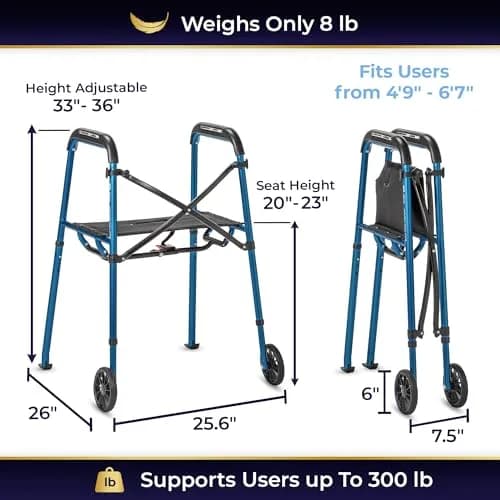 MD by DRIVE Air-Go Foldable Walker with Seat, 300-lb Capacity, Blue | Adjustable, Lightweight & Portable thumbnail 4