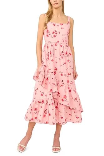 CeCe Floral Corset Asymmetrical Hem Ruffle Midi Dress | Bold Feminine Look in Coral Bloom (97% Cotton, 3% Spandex, 14 US) thumbnail 1