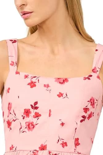 CeCe Floral Corset Asymmetrical Hem Ruffle Midi Dress | Bold Feminine Look in Coral Bloom (97% Cotton, 3% Spandex, 14 US) thumbnail 2