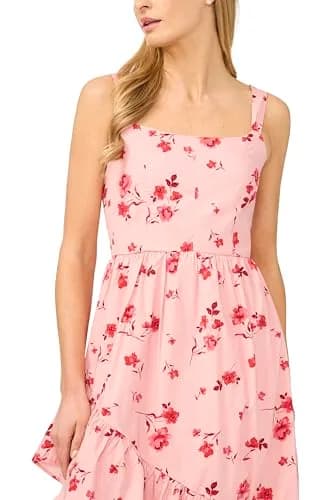 CeCe Floral Corset Asymmetrical Hem Ruffle Midi Dress | Bold Feminine Look in Coral Bloom (97% Cotton, 3% Spandex, 14 US) thumbnail 3