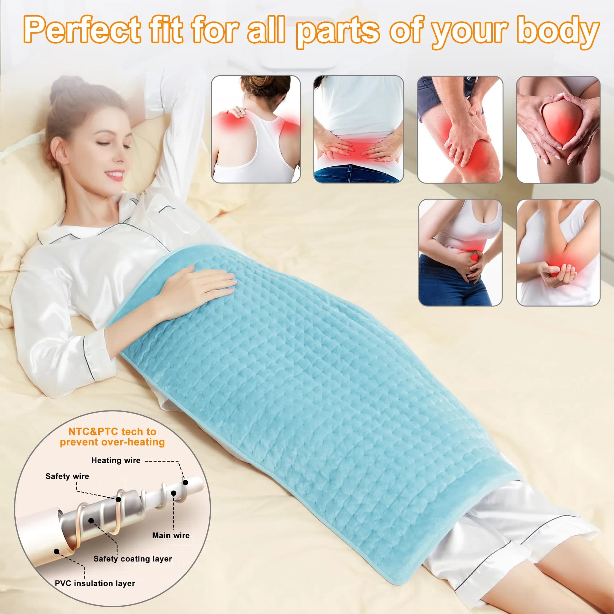 Deepsoon Electric Heating Pad for Back, Neck, Abdomen, Legs (33x17 Inch, Baby Blue) | Fast Heat & Auto Shut Off - view 2