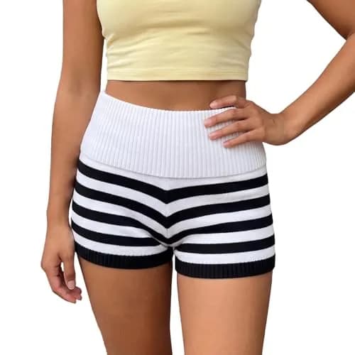 DSORVICD Women Striped Knit Micro Shorts | Slim Fit Mini Bottoms for Y2K Lounge & Casual Wear thumbnail 1
