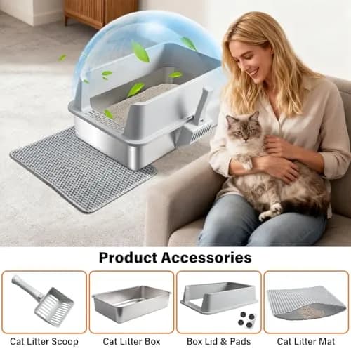Exovyn 2 Pack Stainless Steel Litter Box XL with Lid | Odor-Resistant & Scratch-Proof for Big Cats thumbnail 6