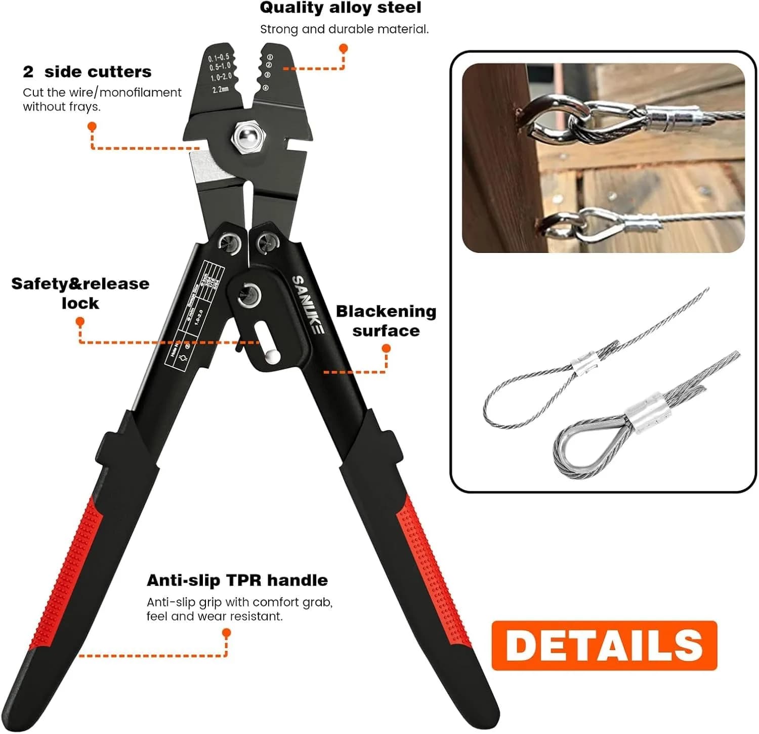 Sanuke Wire Rope Crimping Kit with 656ft 1/16" 304 Stainless Steel Cable, Aluminum Crimp Sleeves & Thimbles thumbnail 5