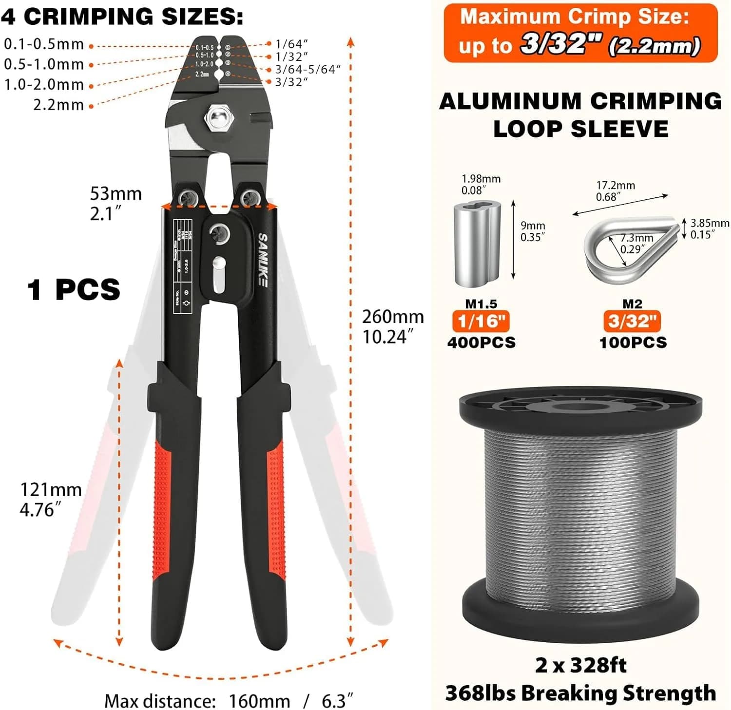 Sanuke Wire Rope Crimping Kit with 656ft 1/16" 304 Stainless Steel Cable, Aluminum Crimp Sleeves & Thimbles thumbnail 2