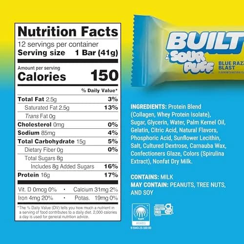 BUILT Sour Puff Protein Bar Blue Razz Blast 12 Count | 16g Protein Snack Bar with Collagen thumbnail 4