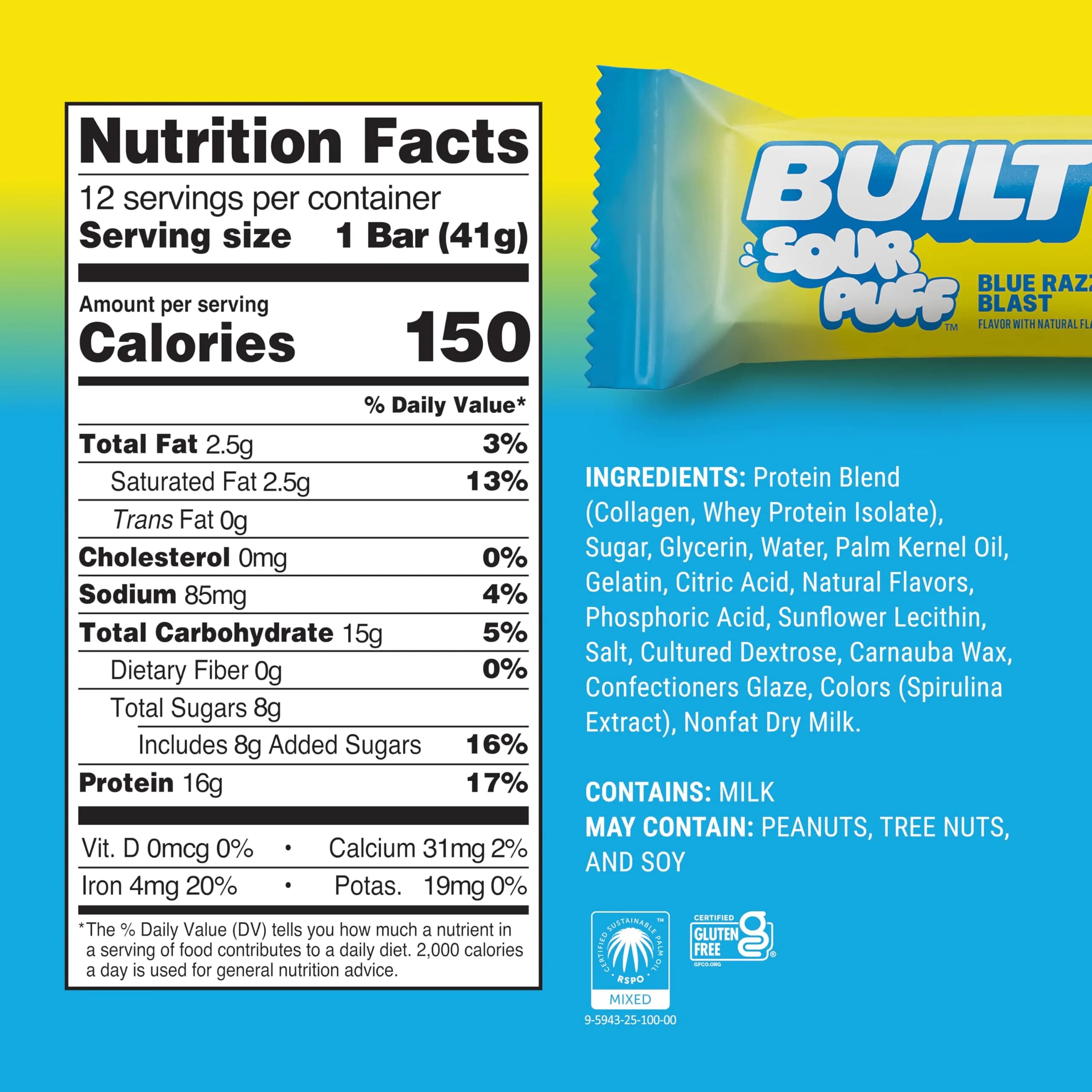 BUILT Sour Puff Protein Bar Blue Razz Blast 16g Protein 12 Count | High Protein Snack Bar for Energy - view 4