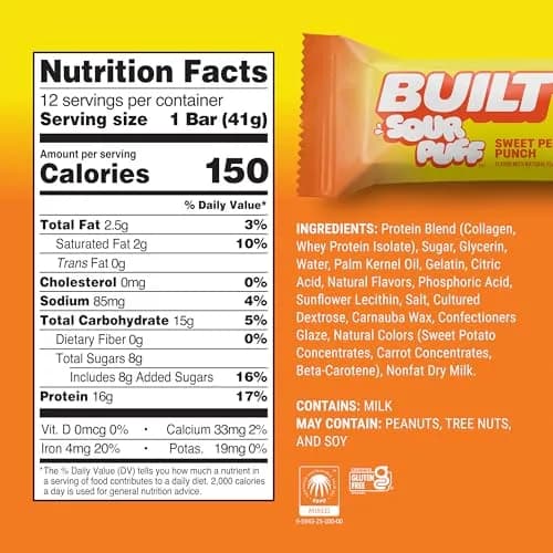 Built Bar Sour Puff Protein Bar Sweet Peach Punch 16g Protein 12 Bars | High Protein Snack Bar thumbnail 4