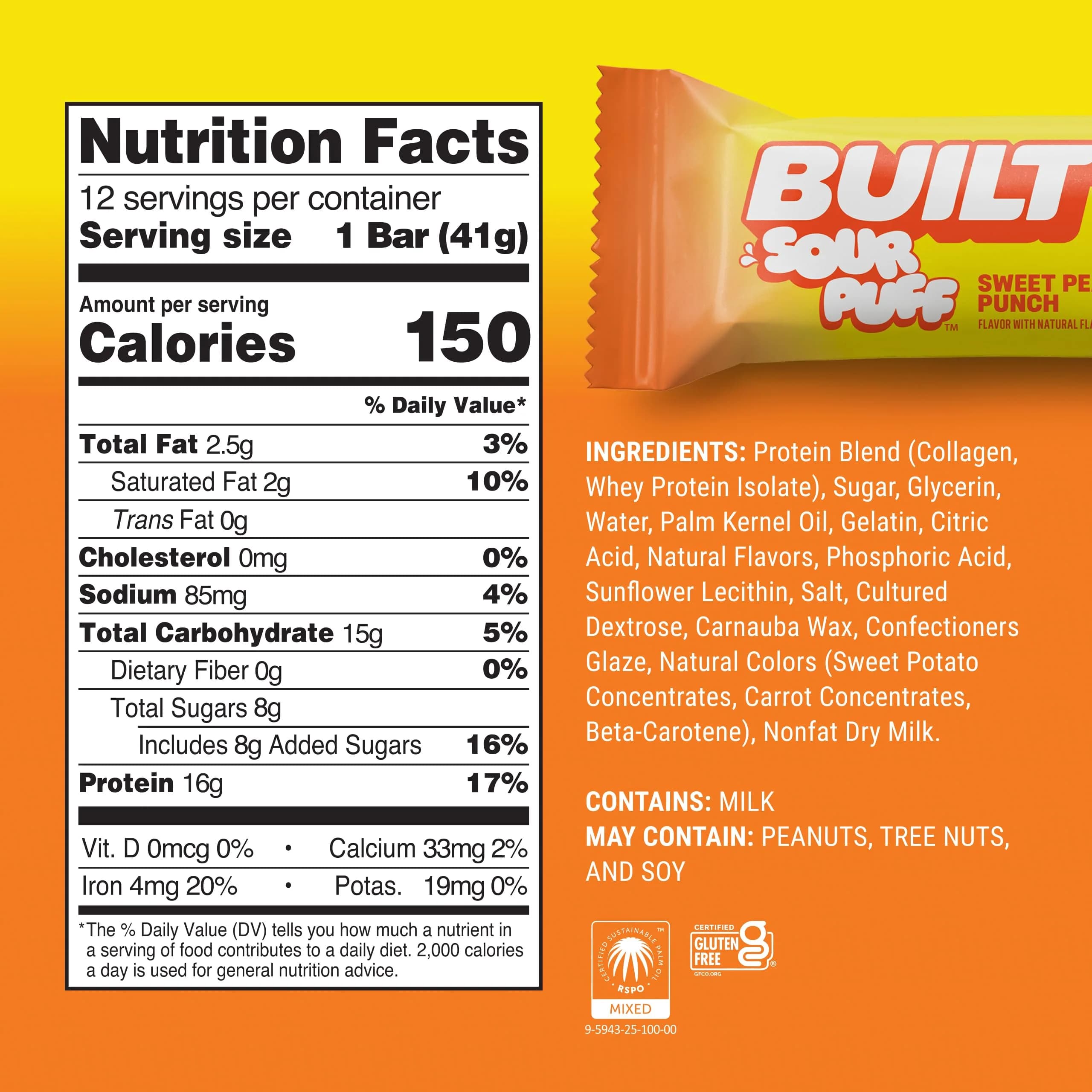 Built Bar Sour Puff Protein Bar Sweet Peach Punch 16g Protein 12 Bars | High Protein Snack Bar - view 4