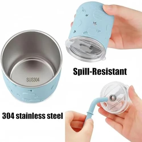 PandaEar Stainless Steel Baby Feeding Set | 2 Divided Plates, 2 Straw Cups, 2 Utensil Sets | BPA-Free, Dishwasher Safe (Blue & Grey) thumbnail 5