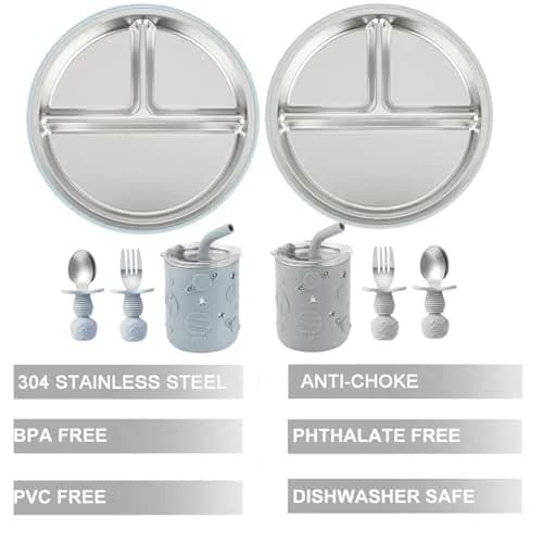 PandaEar Stainless Steel Baby Feeding Set | 2 Divided Plates, 2 Straw Cups, 2 Utensil Sets | BPA-Free, Dishwasher Safe (Blue & Grey) thumbnail 3