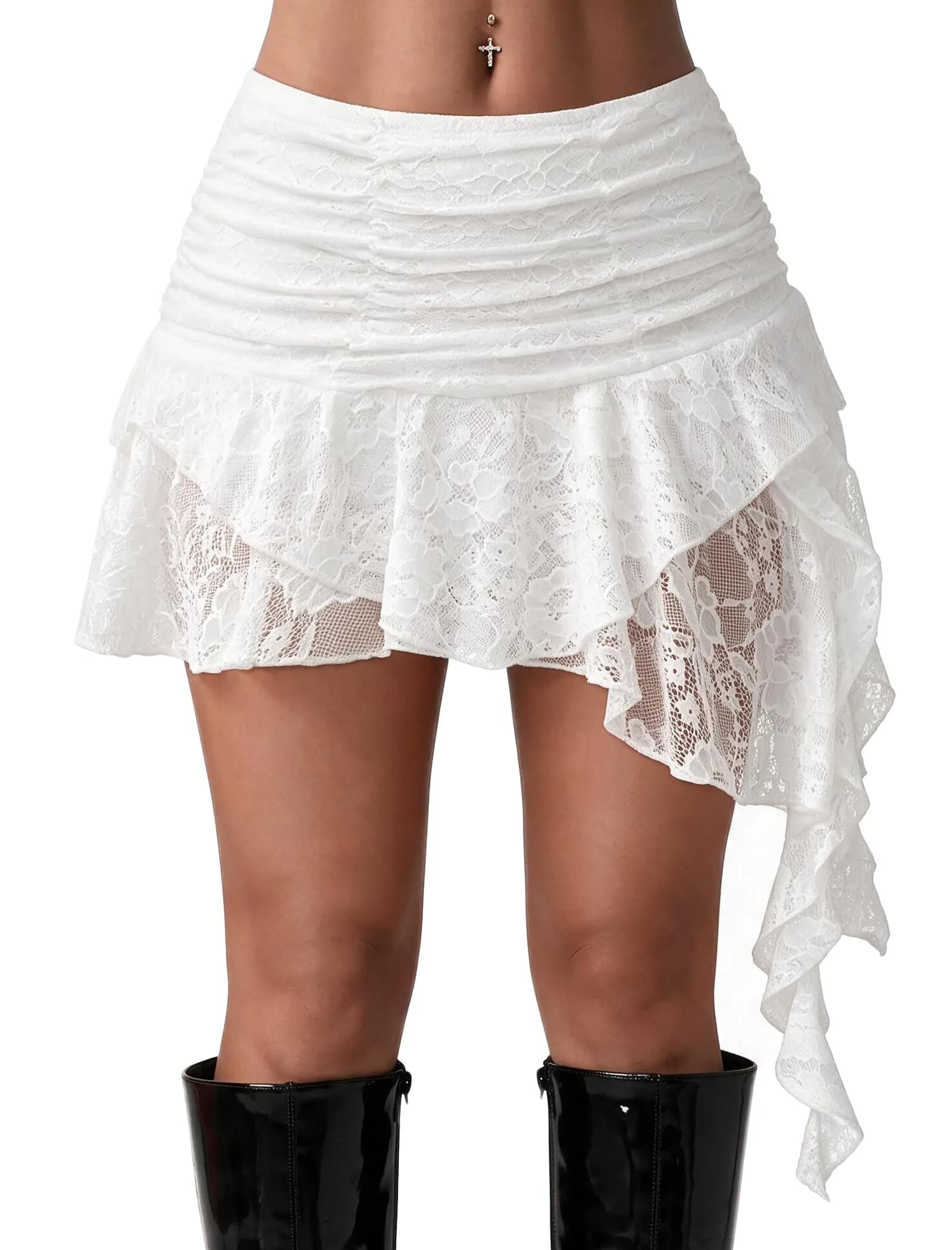 Avidlove Women's Y2K Mini Skirt Ruffle Lace Asymmetrical Flowy Skirt White | Lightweight, Breathable, Soft — White