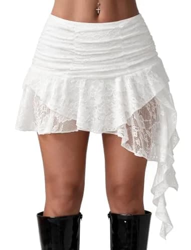 Avidlove Women's Y2K Mini Skirt Ruffle Lace Asymmetrical Flowy Skirt White | Lightweight, Breathable, Soft thumbnail 1