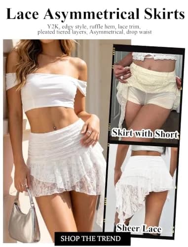 Avidlove Women's Y2K Mini Skirt Ruffle Lace Asymmetrical Flowy Skirt White | Lightweight, Breathable, Soft thumbnail 4