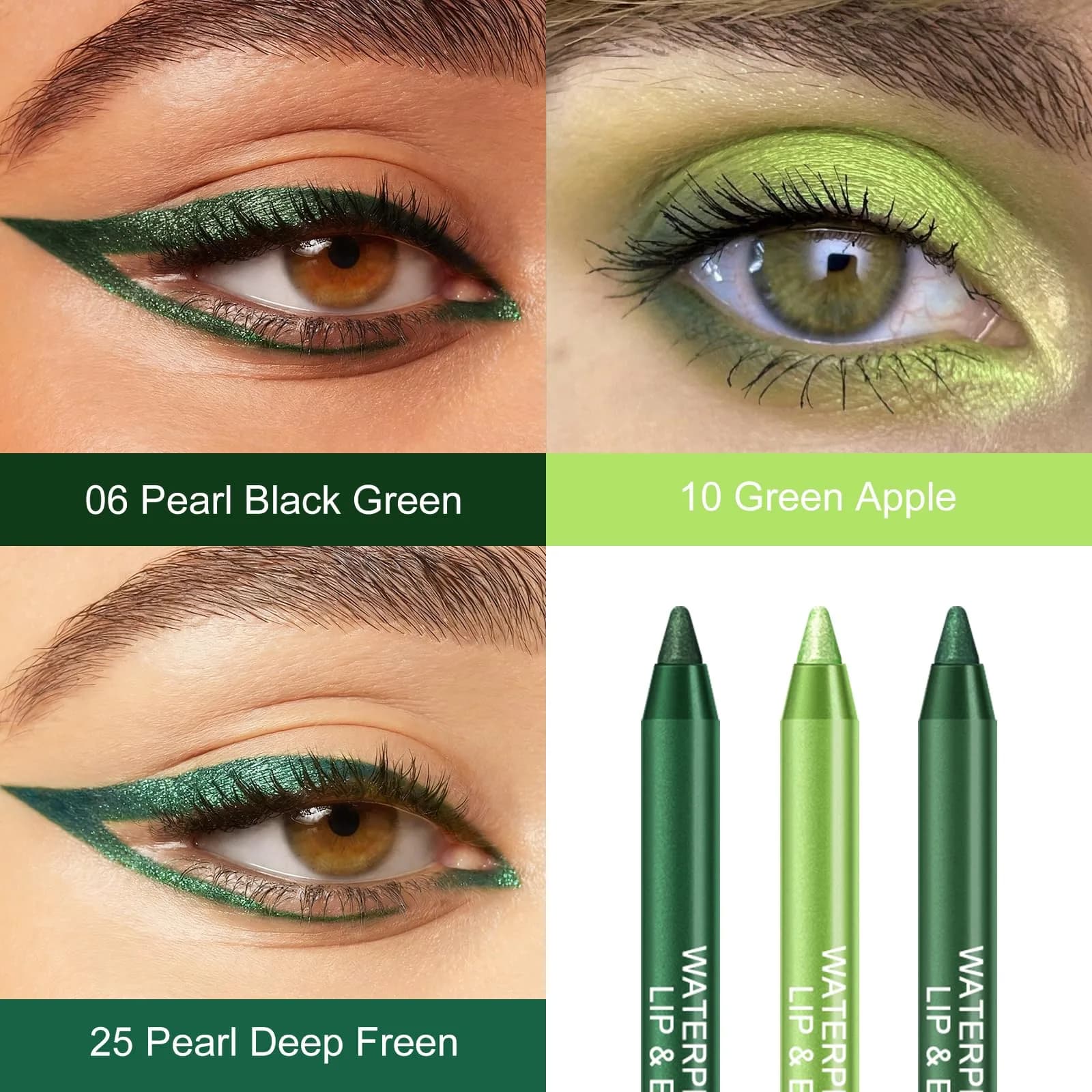 Ownest Shimmer Green Gel Eyeliner Pen Set | 3 Colors, Waterproof, Includes Sharpener - view 2